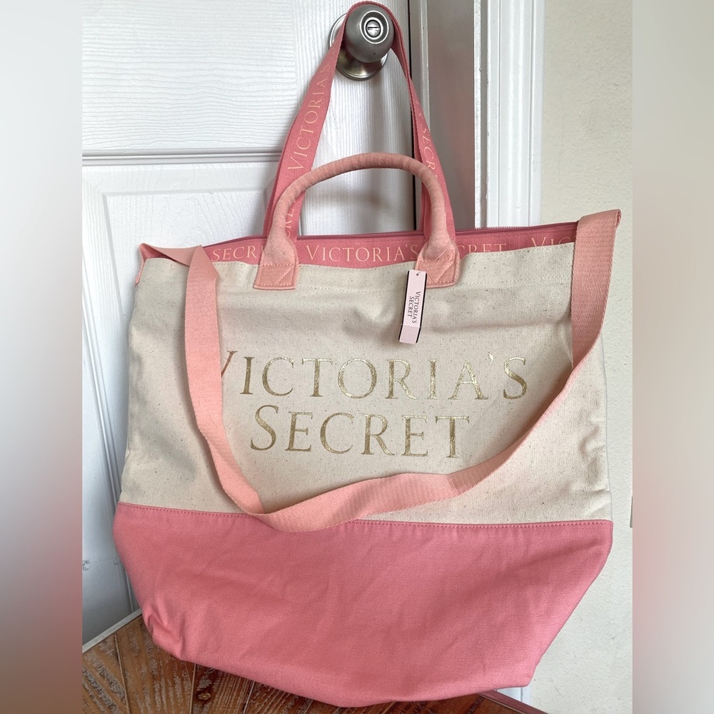 NWT Victoria’s Secret Pink & Tan Multi Handle Beach Tote